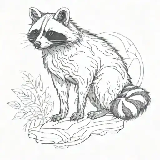 a full-body blackwork tattoo sketch of a raccoon. The raccoon should be anthropomorphized, standing upright and h tattoo design idea