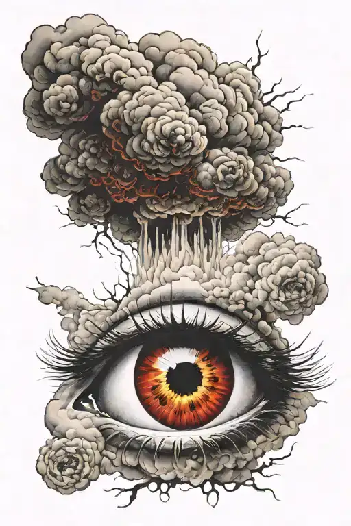 Realistic eye looking on nuclear explosion cloud with red tattoo design idea