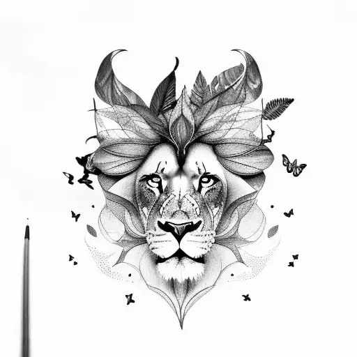 Butterfly mixed with a Lion, climbing a mountain with leafs falling tattoo design idea
