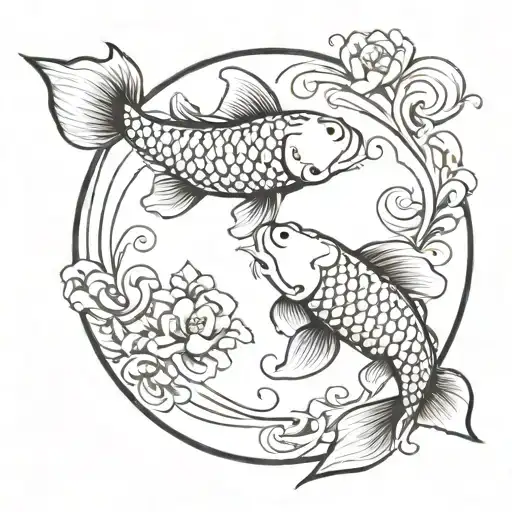 Create a black ink tattoo design featuring two koi fish swimming in a circular pattern, symbolizing balance and harmony. tattoo design idea