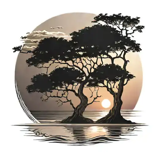 A serene beach scene at sunset with a majestic Tree of Life in the background tattoo design idea
