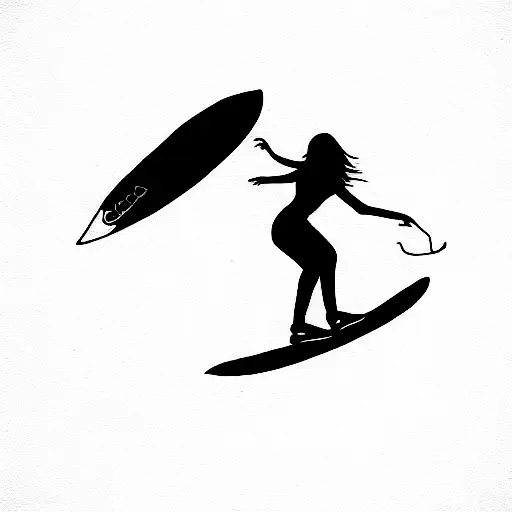 girl on top of a skate with a surfboard in her hand and a dog run behind her tattoo design idea