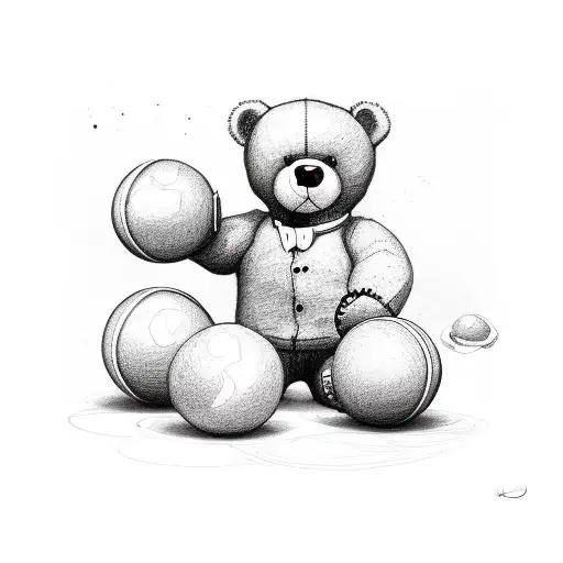 teddy bear playing with balls and biscuits  tattoo design idea