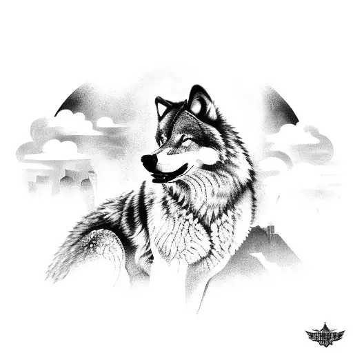 A GROWLING WOLF IN THE SKY OVER MIAMI'S SKYLINE RUSSIAN PRISON ART TATTO STYLE tattoo design idea