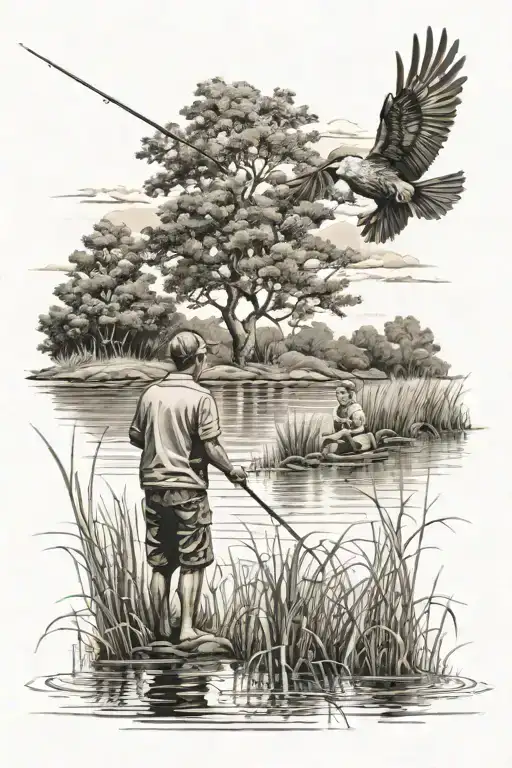 kid and dad fishing at a pond surrounded by marsh and tall grass with tress in the distance.have birds flying in the sky tattoo design idea