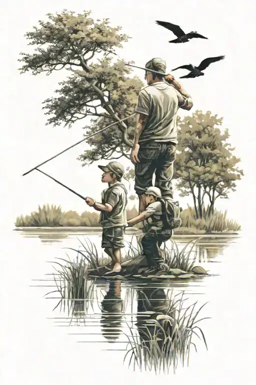 kid and dad fishing at a pond surrounded by marsh and tall grass with tress in the distance.have birds flying in the sky tattoo design idea