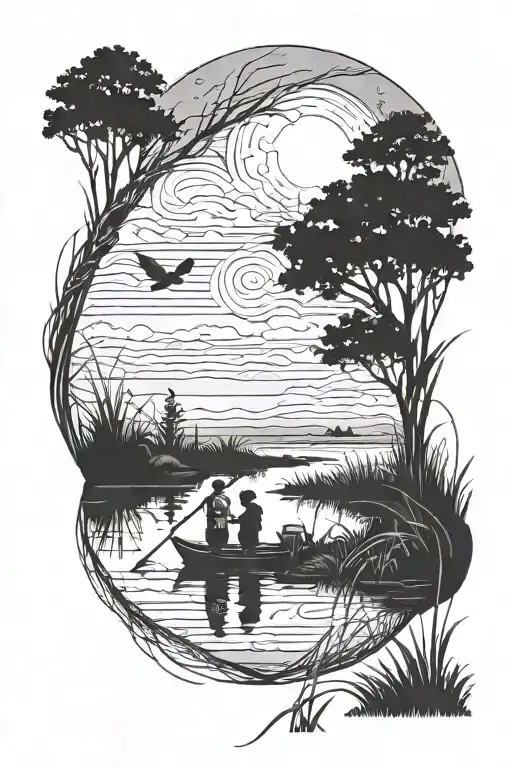 kid and dad fishing at a pond surrounded by marsh and tall grass with tress in the distance.have birds flying in the sky tattoo design idea