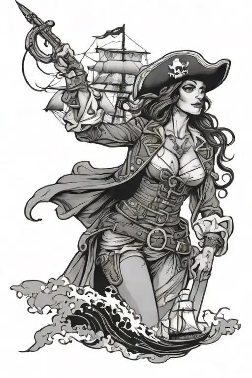 pirate woman and ship sailing through stormy weather tattoo design idea