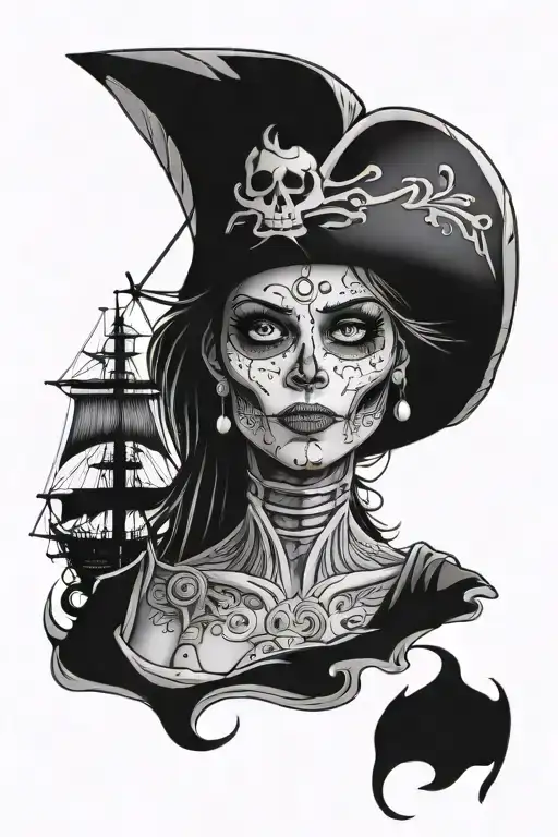 pirate ship with pirate woman face morphing half skeleton with background tattoo design idea