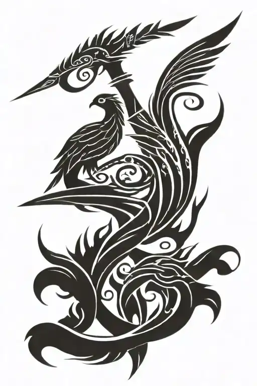 tribal sword and phoenix bird tattoo design idea