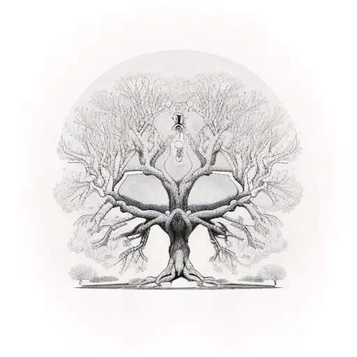 the tree of life depicted as an angle oak tree with roots that are shown descending into the ground and holding somethin tattoo design idea