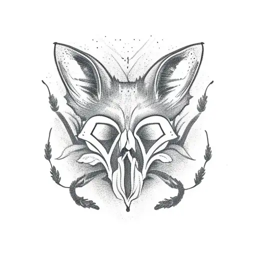 side view of realistic fox skull show decaying in a field of grass with a flower coming through the eye of the skull tattoo design idea