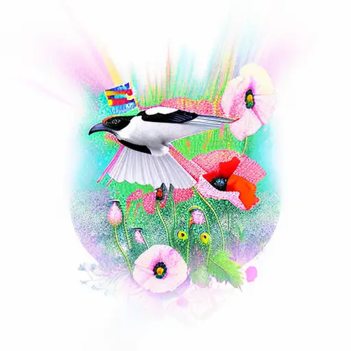 A new-school design of a magpie with vibrant poppy flowers and iconic landmarks of England incorporated into its feathers tattoo design idea
