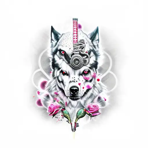 lobo , rosas, cruz, punto, armas tattoo design idea