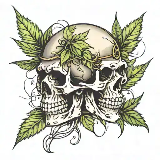skull and weed leaf intertwined tattoo design idea