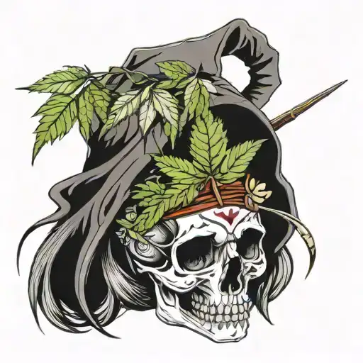 skull weed leaf hooded female assassin tattoo design idea