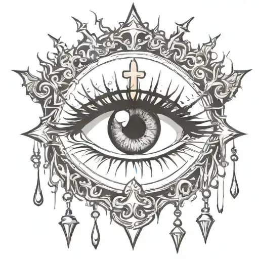 eye with thorns crown and a cross and tears tattoo design idea