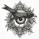 eye with thorns crow and a cross tattoo design idea