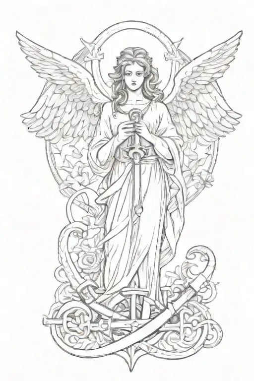 Angel with an anchor intertwined and a cross surrounded tattoo design idea