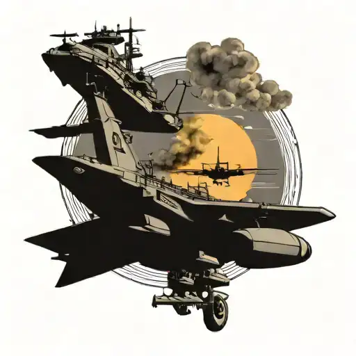 USS Carl Vinson aircraft carrier with plane flying in the sky tattoo design idea