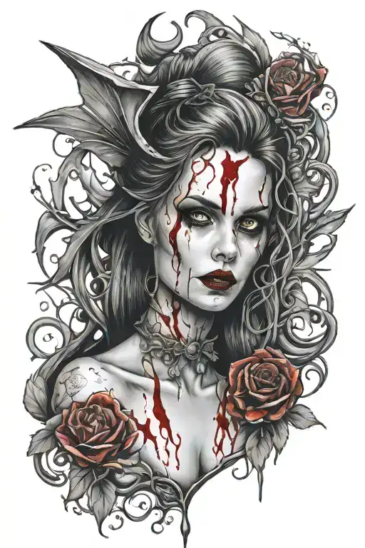 bloody  seductive vampire girl full body sexy woman tattoo design idea