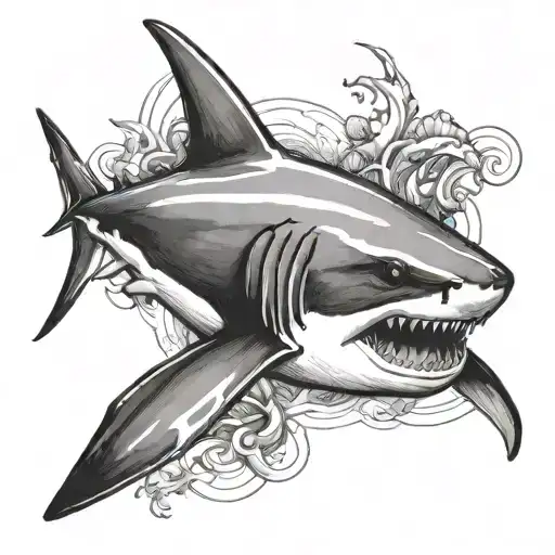 shark, 2d, black and white, realistic, simple, abstraction, volume, tattoo design idea