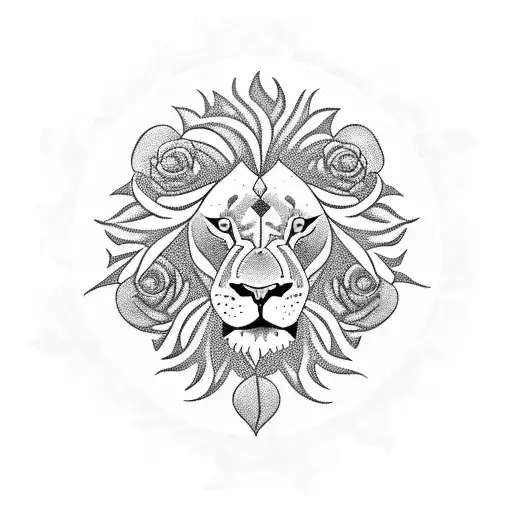A lion's head surrounded by a wreath of roses and sun rays breaking through the trees tattoo design idea