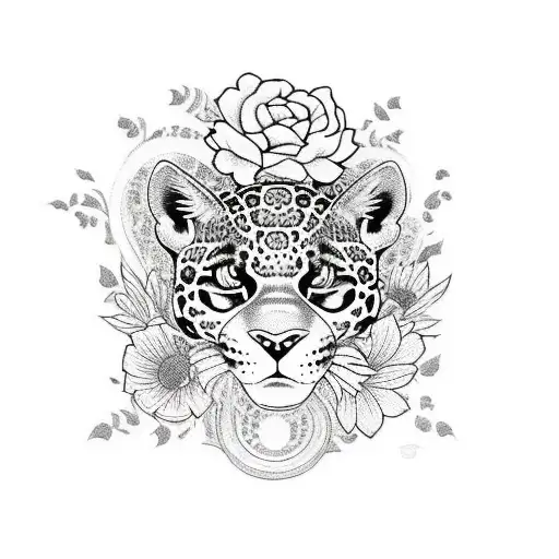 complete jaguar with flowers tattoo design idea