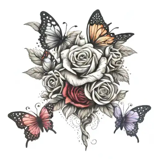 A dotwork design of a colorful bouquet of roses in various shades of red, white, yellow, and pink with delicate butterfly wings intertwined tattoo design idea
