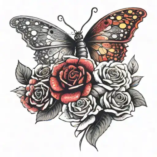 A dotwork design of a colorful bouquet of roses in various shades of red, white, yellow, and pink with delicate butterfly wings intertwined tattoo design idea
