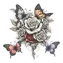 A dotwork design of a colorful bouquet of roses in various shades of red, white, yellow, and pink with delicate butterfly wings intertwined tattoo design idea