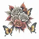 A dotwork design of a colorful bouquet of roses in various shades of red, white, yellow, and pink with delicate butterfly wings intertwined tattoo design idea