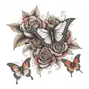 A dotwork design of a colorful bouquet of roses in various shades of red, white, yellow, and pink with delicate butterfly wings intertwined tattoo design idea
