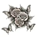 A dotwork design of a colorful bouquet of roses in various shades of red, white, yellow, and pink with delicate butterfly wings intertwined tattoo design idea
