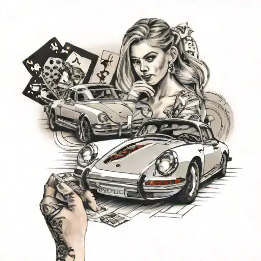 Porsche Car with Woman in Foreground Holding Blackjack Cards tattoo design idea