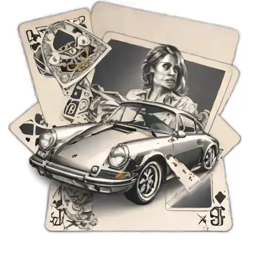 Porsche car with Woman in the foreground holding black jack cards tattoo design idea
