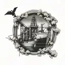 shipyard with cranes and machine shop with ghosts  tattoo design idea