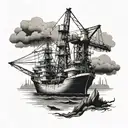 shipyard with cranes and machine shop with ghosts  tattoo design idea