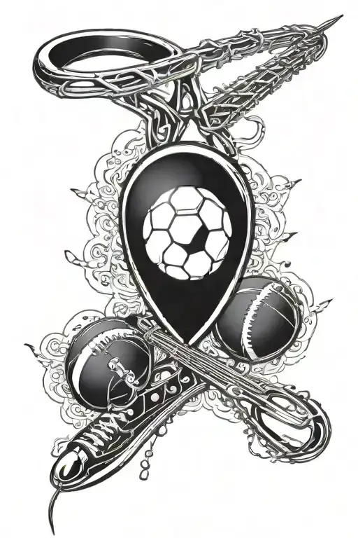 slingshot, music notes in the background shooting with a football tattoo design idea