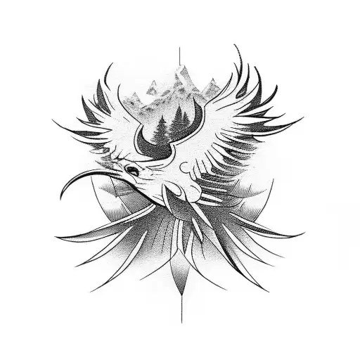 A fierce phoenix bird soaring over a mountain range tattoo design idea