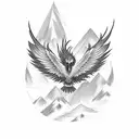 A fierce phoenix bird soaring over a mountain range tattoo design idea