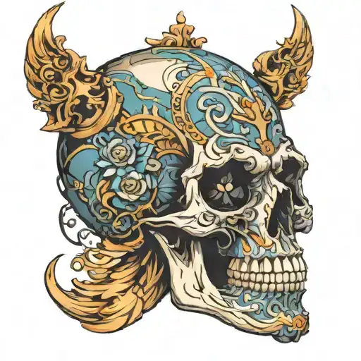A detailed skull head with pronounced cheekbones and hollow eyes, exuding a fierce, edgy aura. The skull sports a bold, tattoo design idea