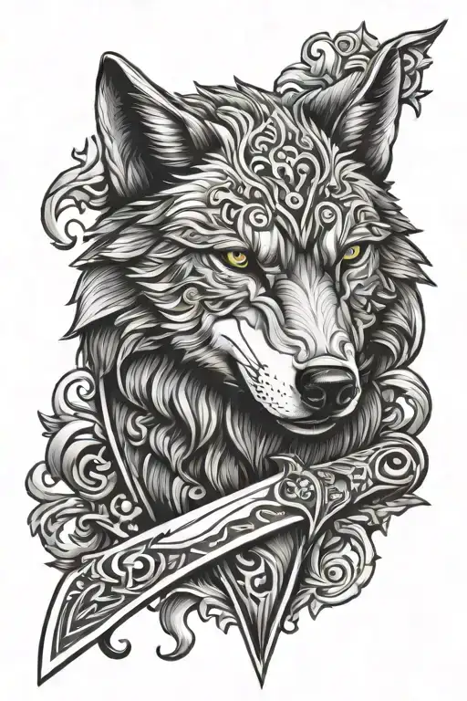Wolf Knife blade decorated tattoo design idea