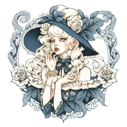 albino girl in indigo lolita fashion tattoo design idea