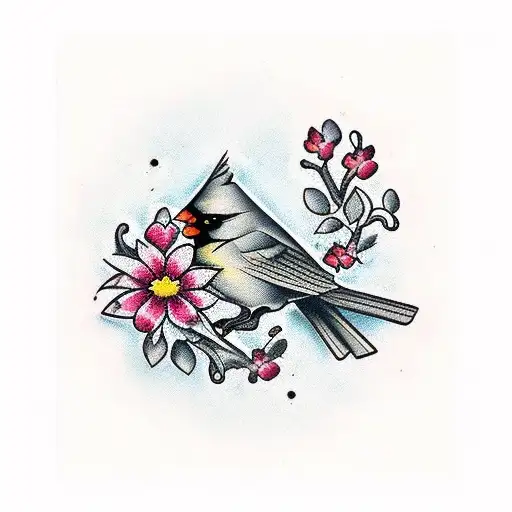 dead cardinal with flowers colored tattoo design idea