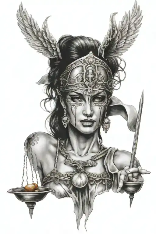 Themis goddess of justice blindfolded warrior women tattoo design idea