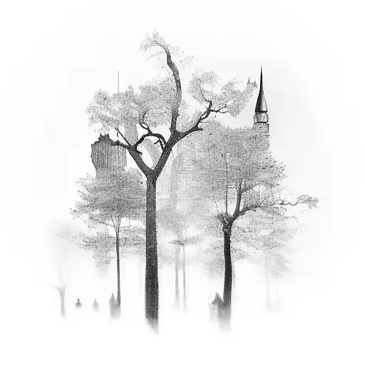 A hauntingly beautiful cityscape of Atlanta with ghostly figures roaming the streets tattoo design idea