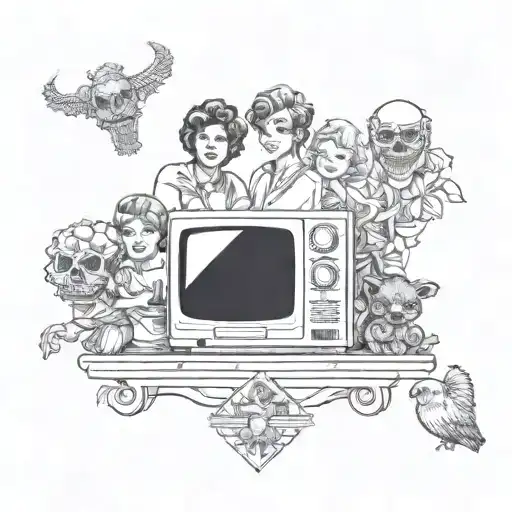 A tattoo design featuring the TV show characters from Bones, Friends, and The Golden Girls, surrounded by elements of homesteading to represent your favorite things and hobbies tattoo design idea