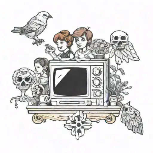 A tattoo design featuring the TV show characters from Bones, Friends, and The Golden Girls, surrounded by elements of homesteading to represent your favorite things and hobbies tattoo design idea