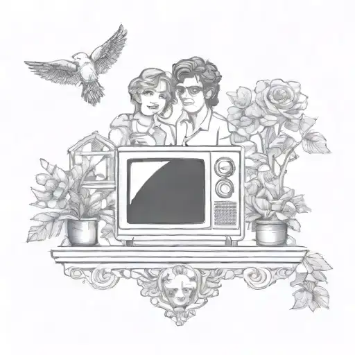 A tattoo design featuring the TV show characters from Bones, Friends, and The Golden Girls, surrounded by elements of homesteading to represent your favorite things and hobbies tattoo design idea